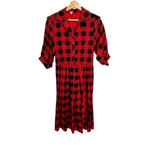 Vintage 1960s Red Black Buffalo Plaid Shirtwaist Dress